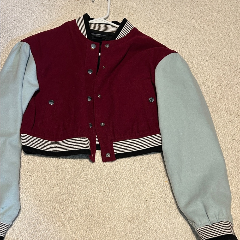 Women's Burgundy and Light Blue Varsity Jacket